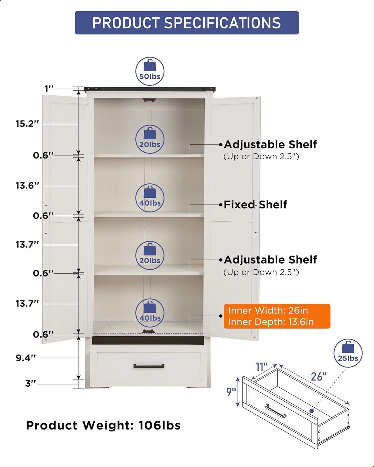 JXQTLINGMU Farmhouse Kitchen Pantry Cabinet - 72" Tall Wood Kitchen Storage Cabinets with