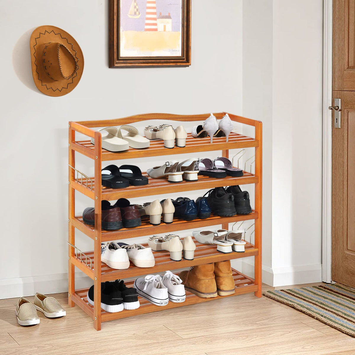 Giantex 5-Tier Shoe Rack, Acacia Wood Shoe Shelf with Side Metal Hooks, Holds up 12-18 Pairs
