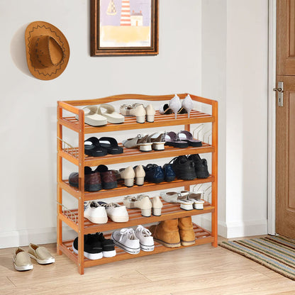 Giantex 5-Tier Shoe Rack, Acacia Wood Shoe Shelf with Side Metal Hooks, Holds up 12-18 Pairs