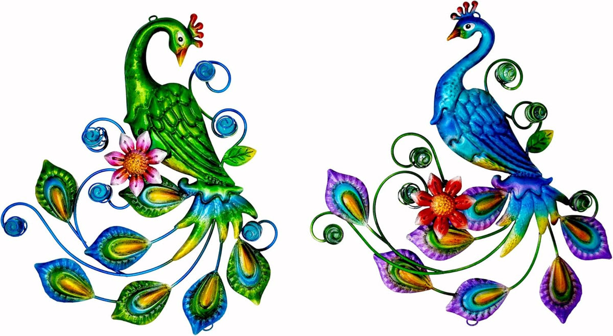 J-Fly Metal Peacock Wall Art - Tropical Outdoor Metal Bird Wall Decor - 11 Inch