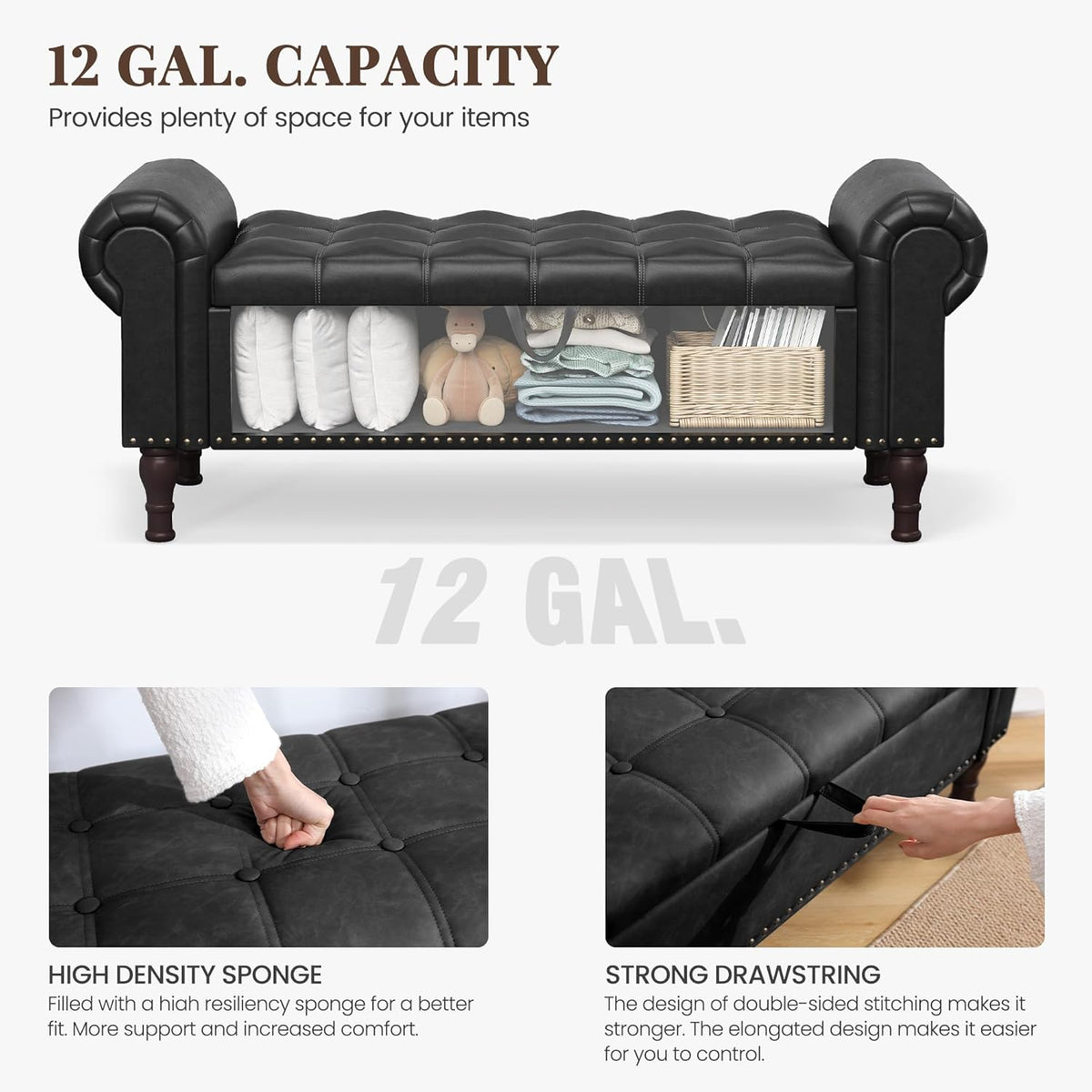 Storage Ottoman Bench for Bedroom, 51" Upholstered Bedroom Bench with Rolled Arms and Vintage