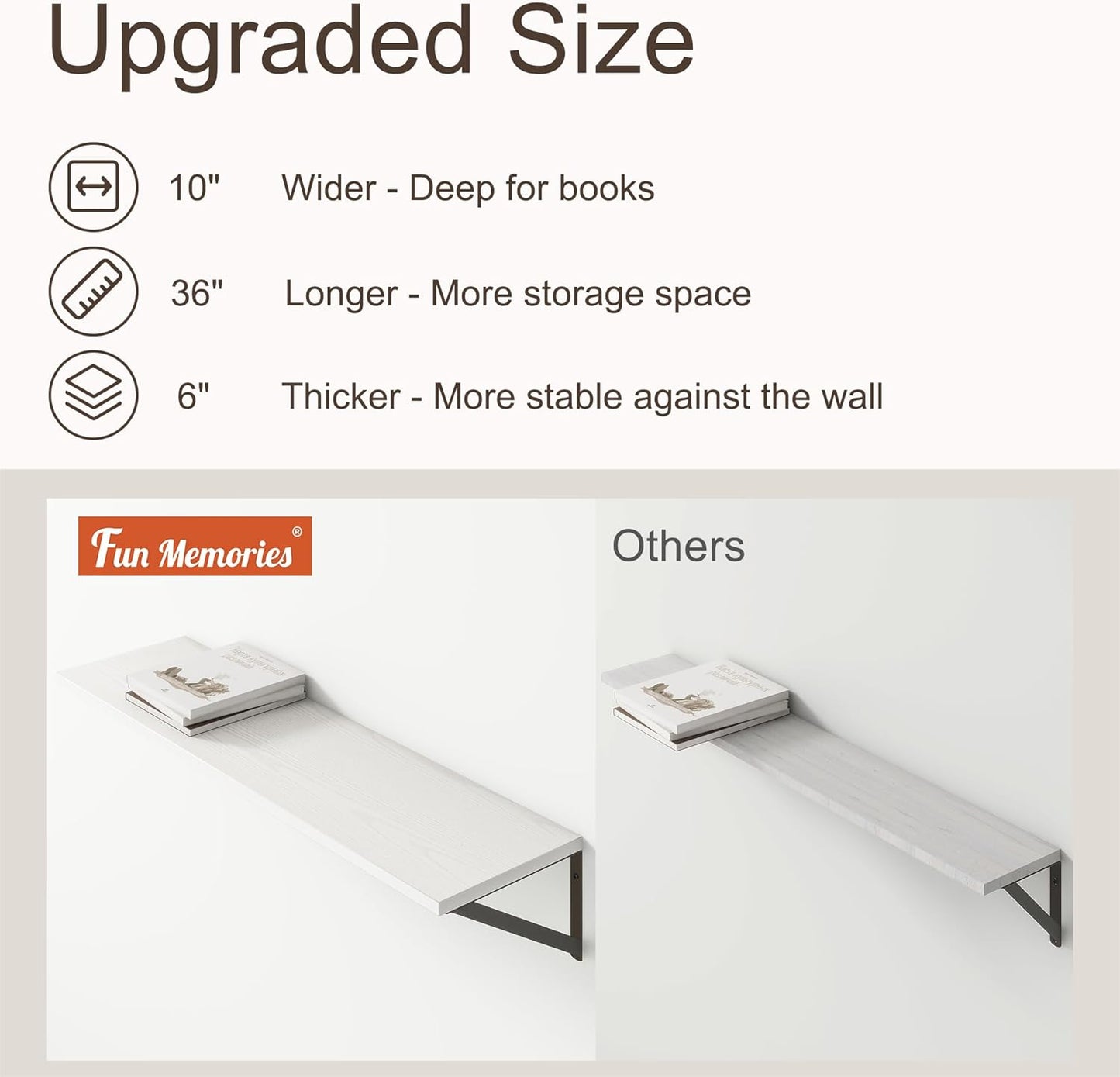 36"W x 10"D Floating Shelves, 10 Inch Deep White Floating Shelves, Farmhouse Rustic Deep Wall
