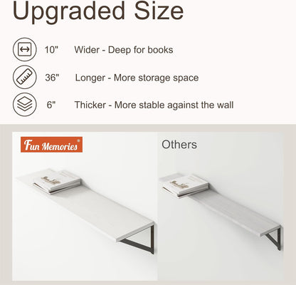 36"W x 10"D Floating Shelves, 10 Inch Deep White Floating Shelves, Farmhouse Rustic Deep Wall