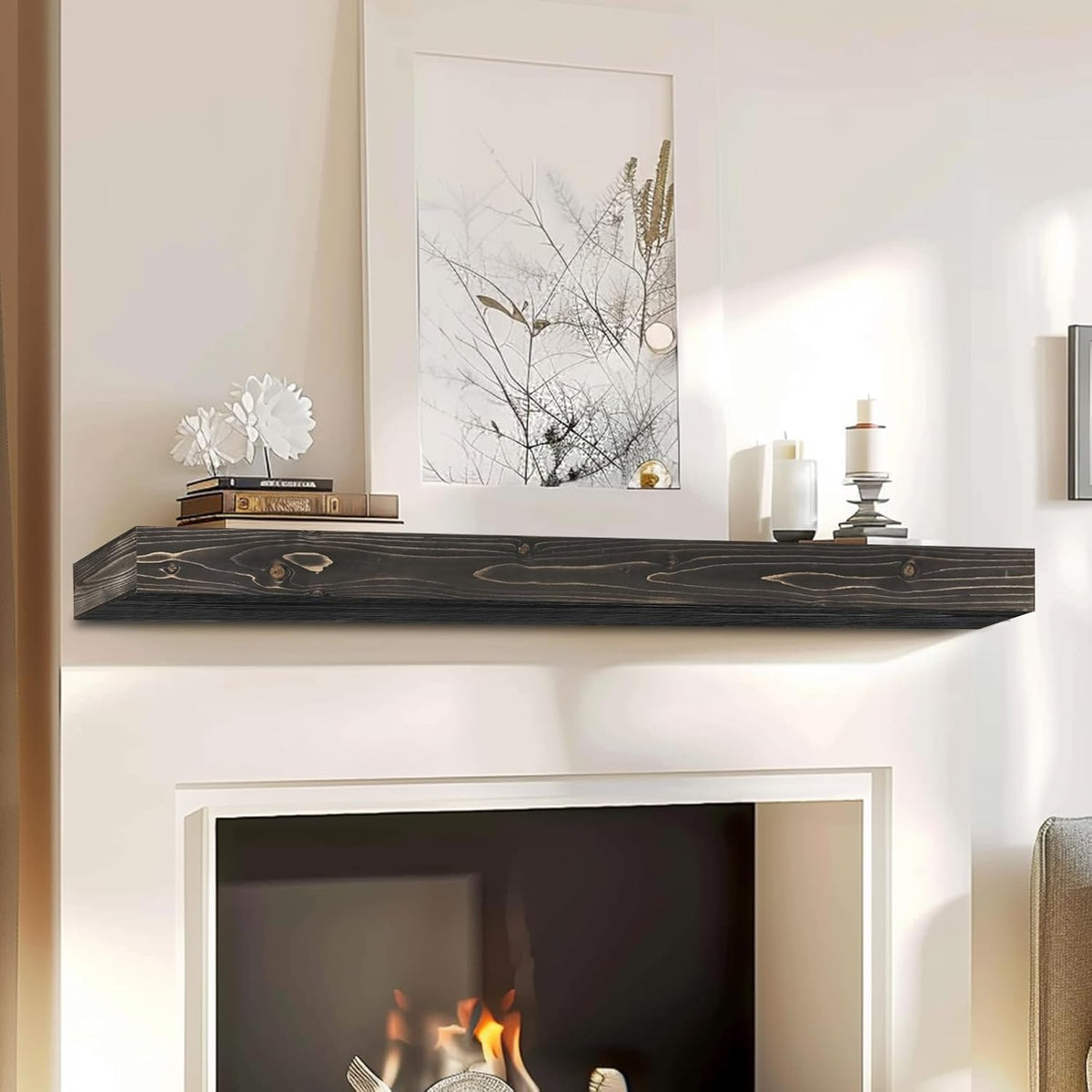 48x8x3 Fireplace Mantel - Handcrafted Hollow Rustic Solid Wood Wall Mounted Floating Shelf with