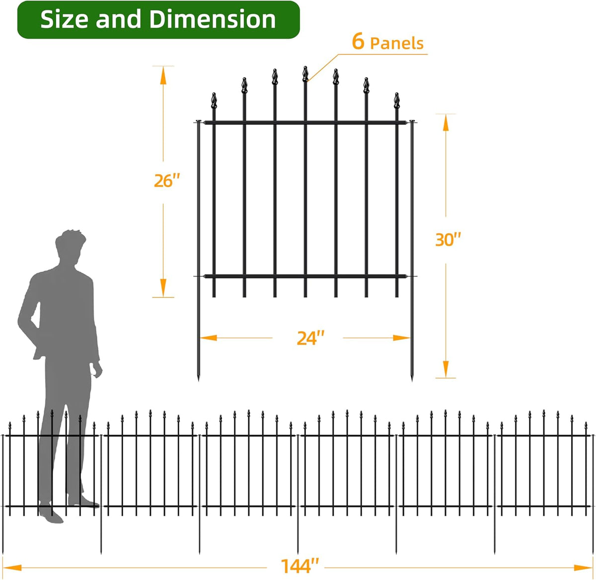 Metal Garden Fence 26 in H x 12 ft L, 6 Panels + 7 Stakes Border Dog Fence Panels Animal Barrier