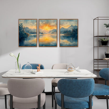 KAlRNE Sunset Mountain Canvas Wall Art,Abstract Scenery Wall Painting,Blue Landscape Lake