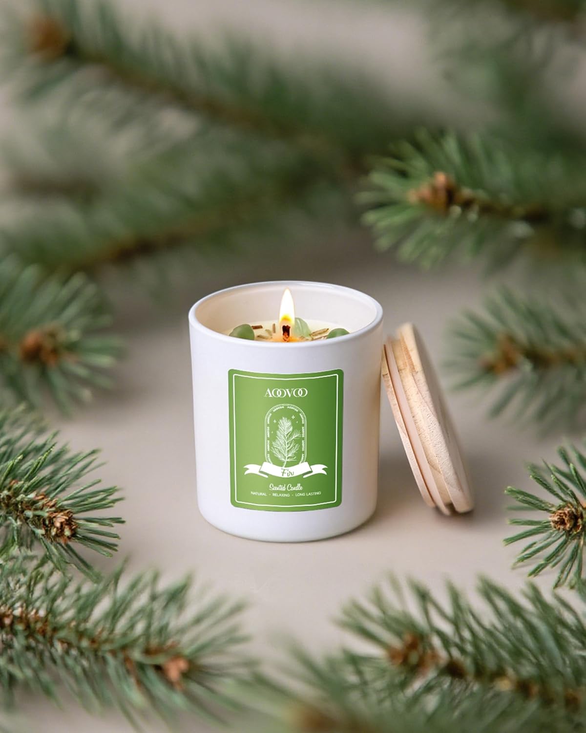 AOOVOO Fir Scented Candles for Women - Aromatherapy Candle with Crystals Inside, 10oz Soy Candles