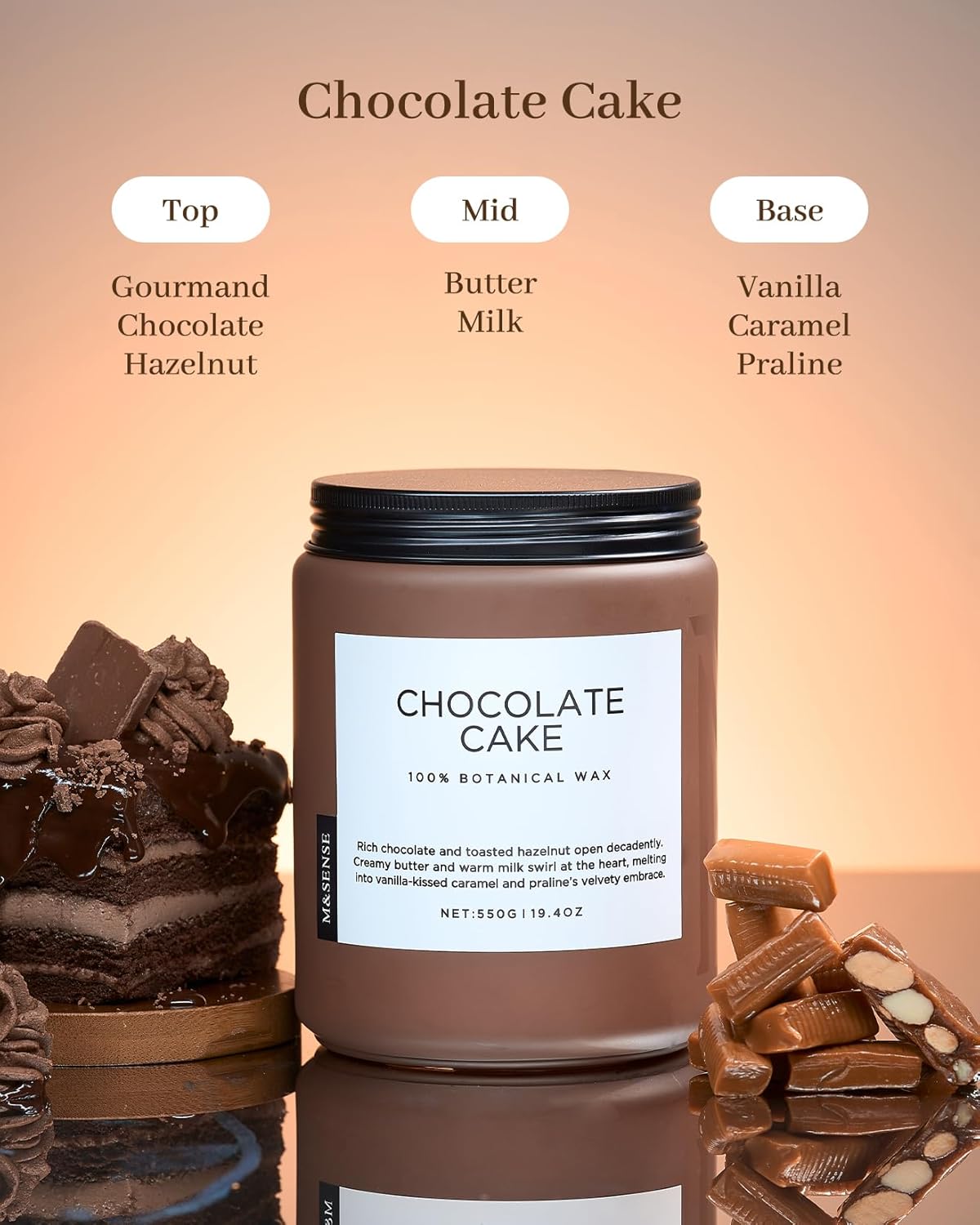 M&SENSE Chocolate Layer Cake Scent Candles, Large 19.4oz Natural Soy Wax 110 Hours Burn Time Clean