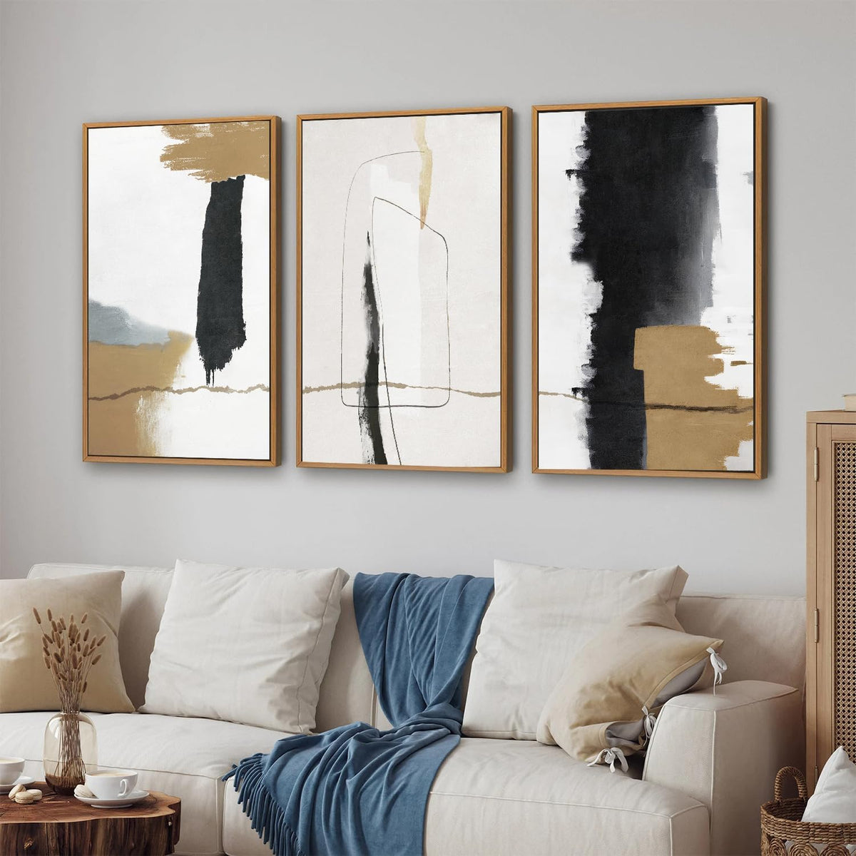 SIGNINART Black and White Abstract Framed Canvas Wall Art Set of 3, Beige Neutral Art Prints