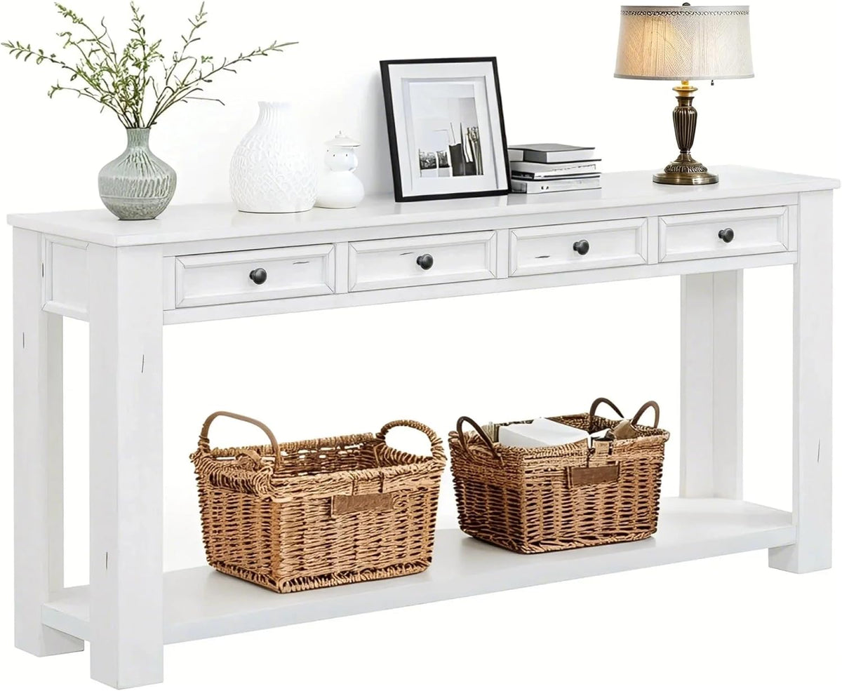 White Console Table,Solid Wood Sofa Table with 4 Drawers Hallway Table for Storage Entry Foyer