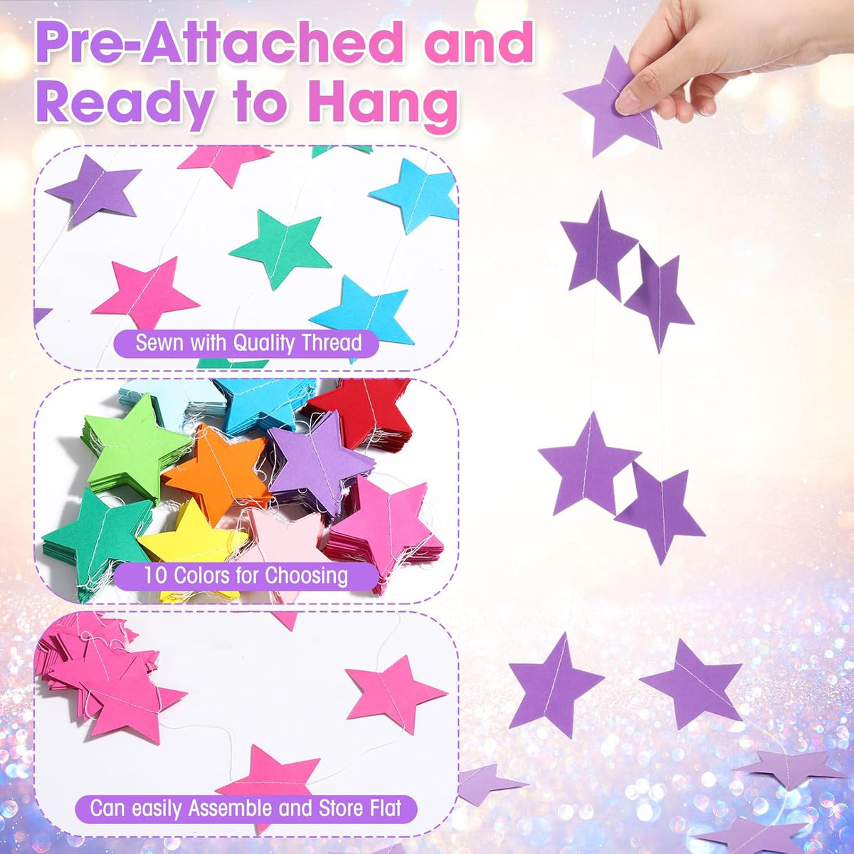 Patelai Glitter Star Garland Banner Decor 130 Feet Star Hanging Bunting Banner Twinkle Backdrop for