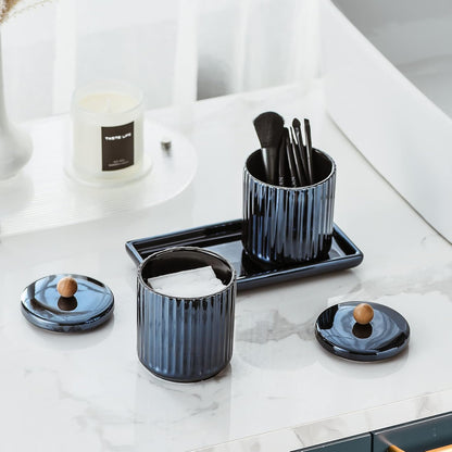 Qtip Holder Bathroom Set with Tray(3PCS) - 2 Piece 12 oz Blue Apothecary Jar Canister with Lid and
