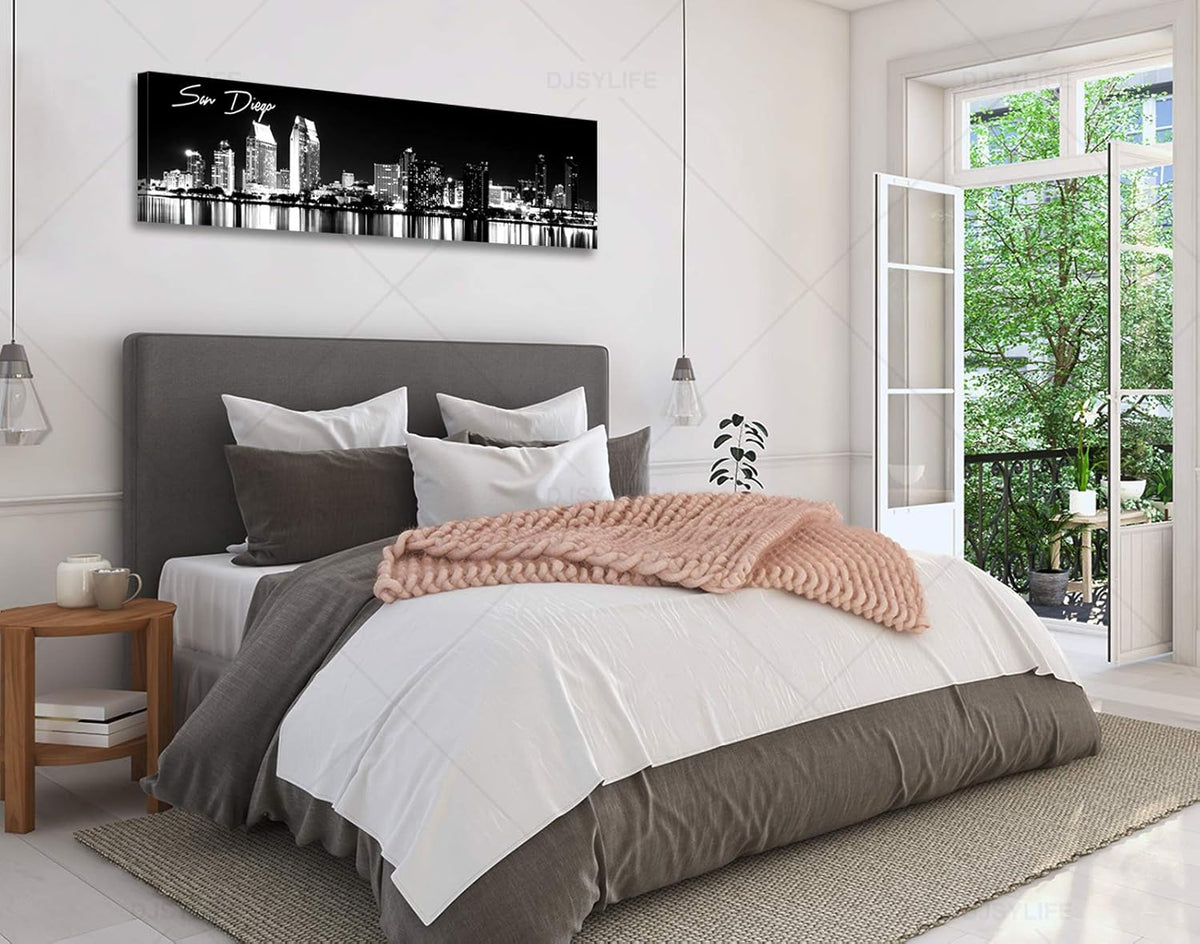 DJSYLIFE San Diego Skyline Wall Art Black and White Night View USA Cityscape California Pictures