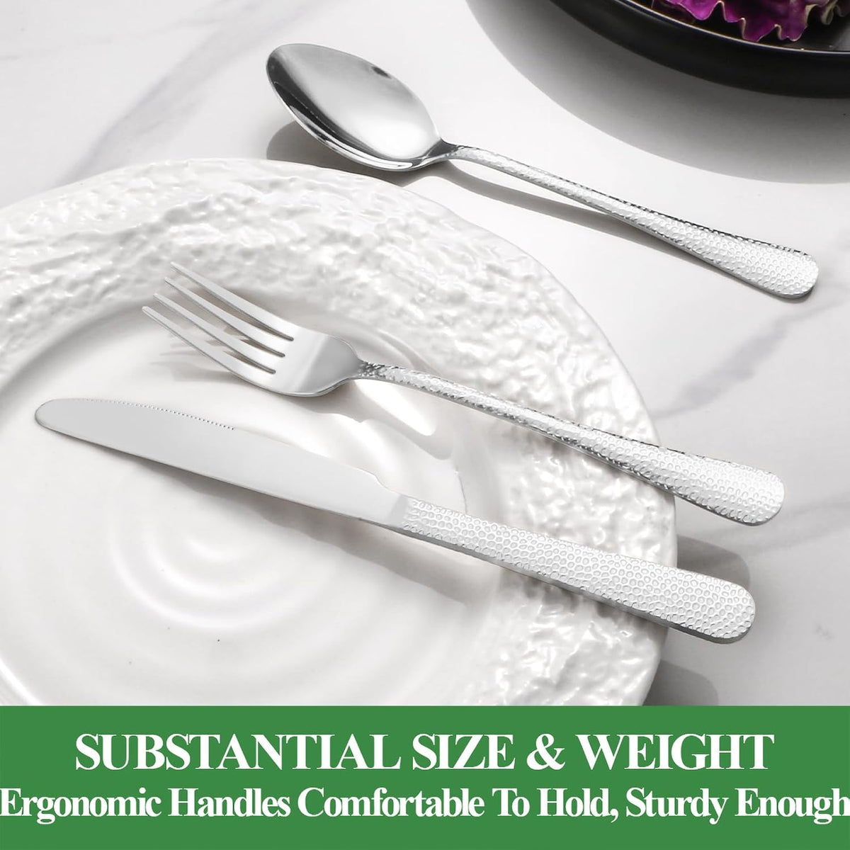 40 Pcs Silverware Set for 8 with Hammered Design, Food Grade Stainless Steel Flatware Set, Eating