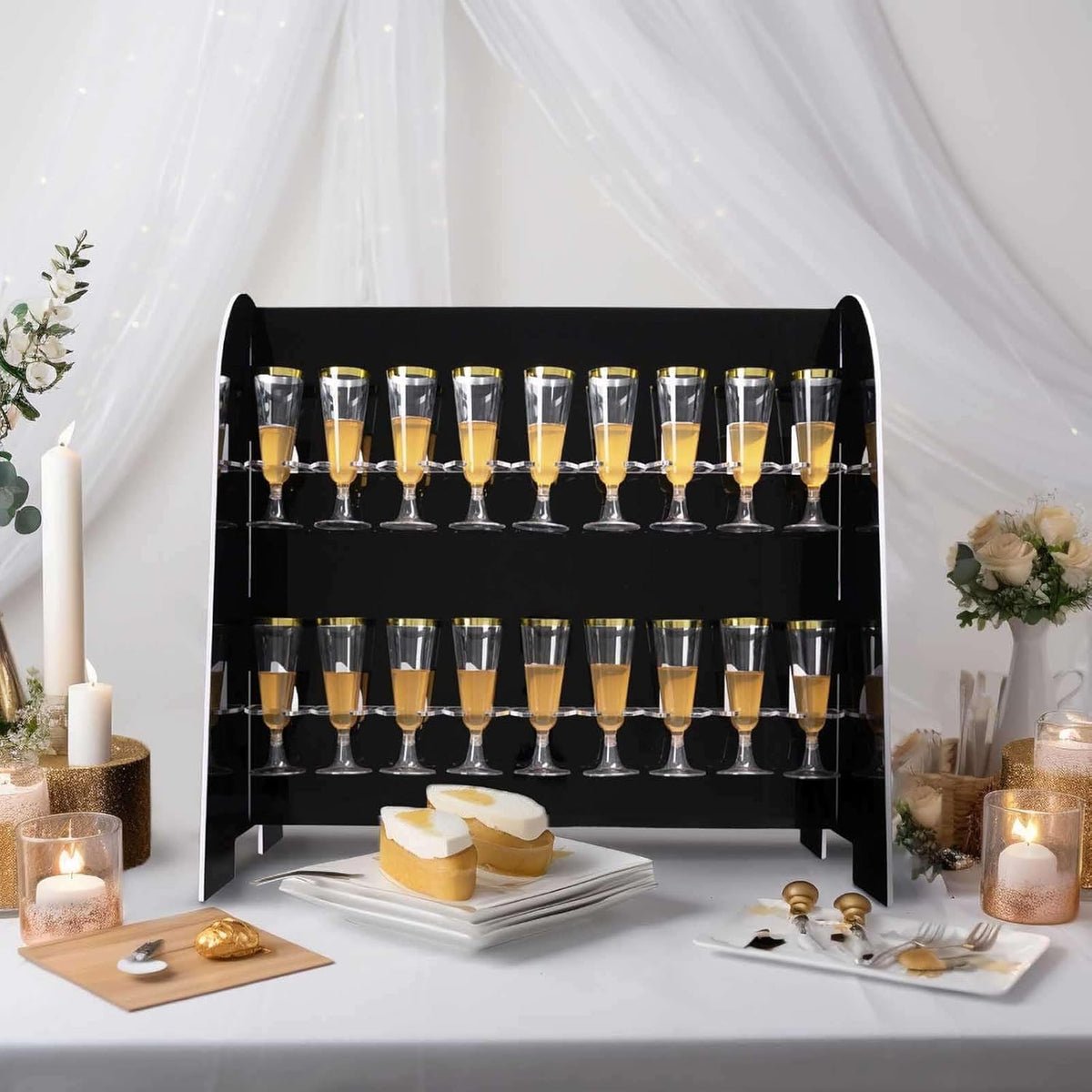 Tableclothsfactory Black Mirror Finish 2-Tier Wine Glass Stemware Rack, 18 Champagne Flute Holder