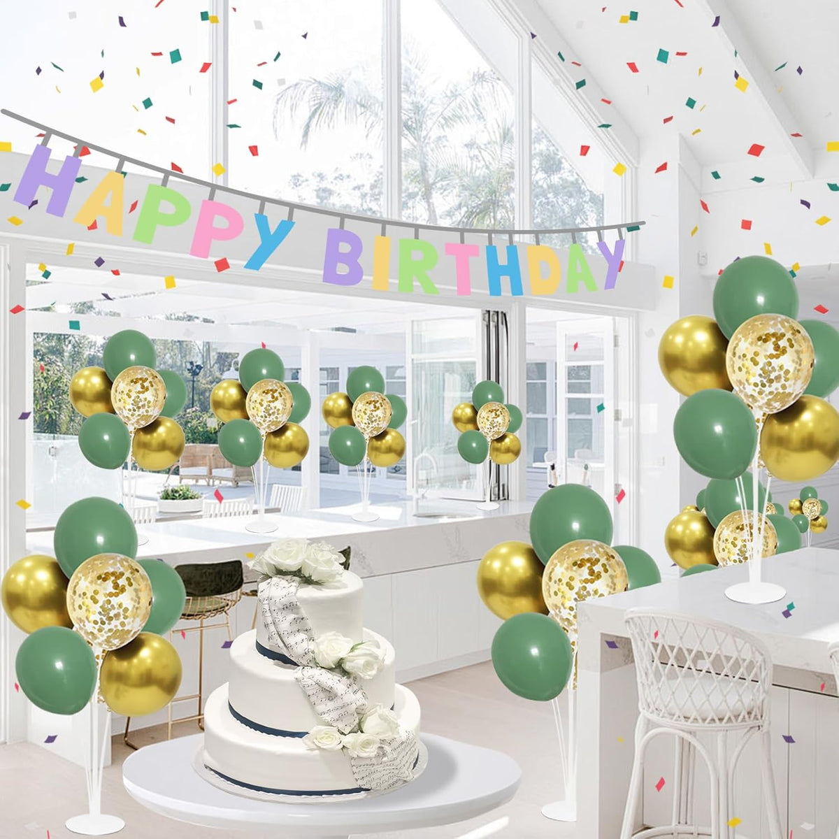 Green and Gold Balloon Stand Centerpiece Table Decorations for Birthday Woodland Baby Shower Party