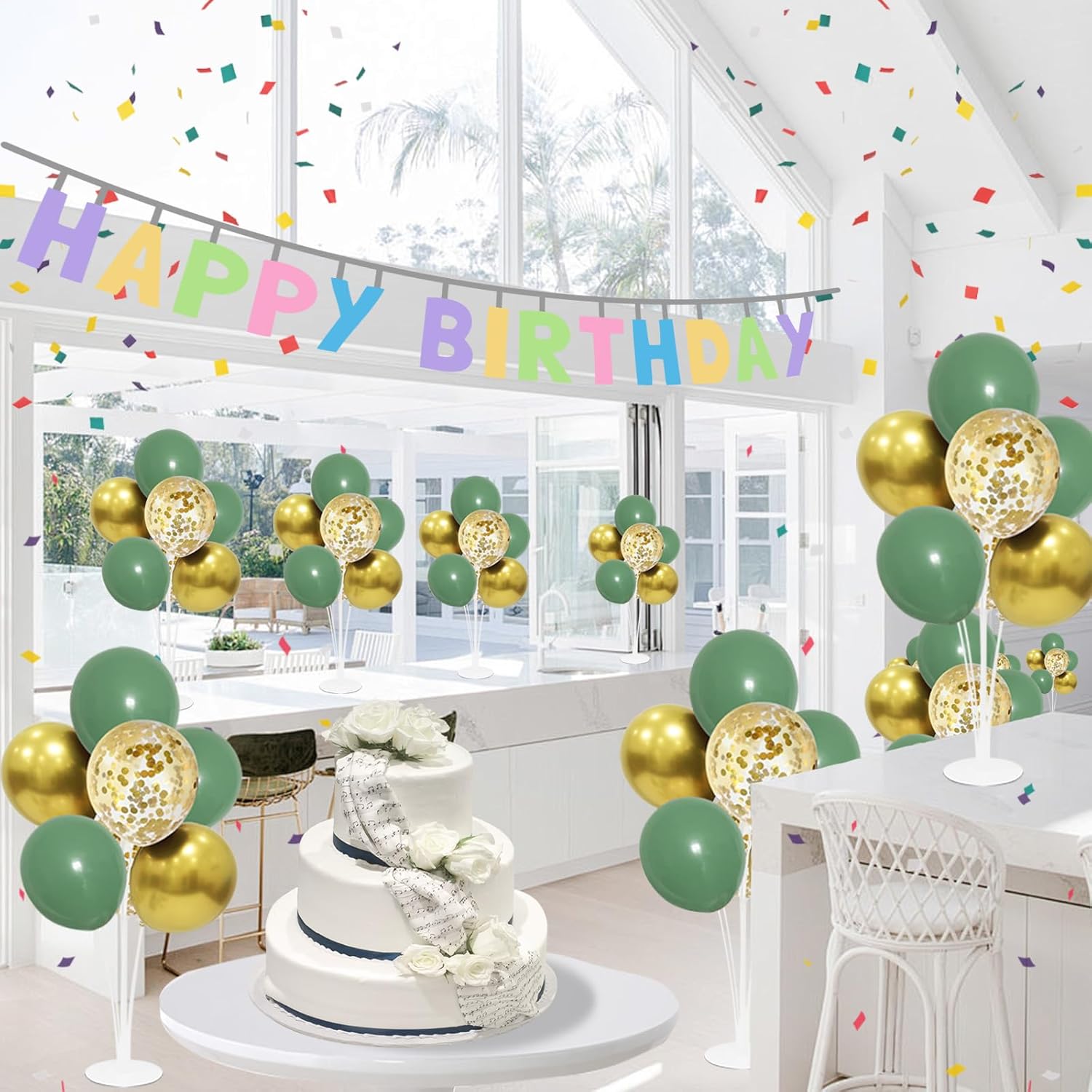 Green and Gold Balloon Stand Centerpiece Table Decorations for Birthday Woodland Baby Shower Party