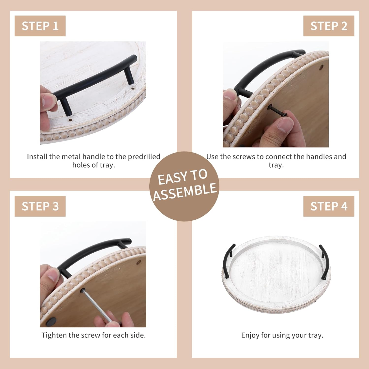 SwallowLiving 18Inch White Wooden Beaded Serving Tray with Handle Decorative Rustic Whitewashed