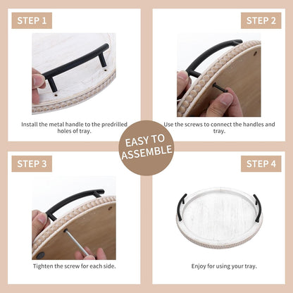 SwallowLiving 18Inch White Wooden Beaded Serving Tray with Handle Decorative Rustic Whitewashed