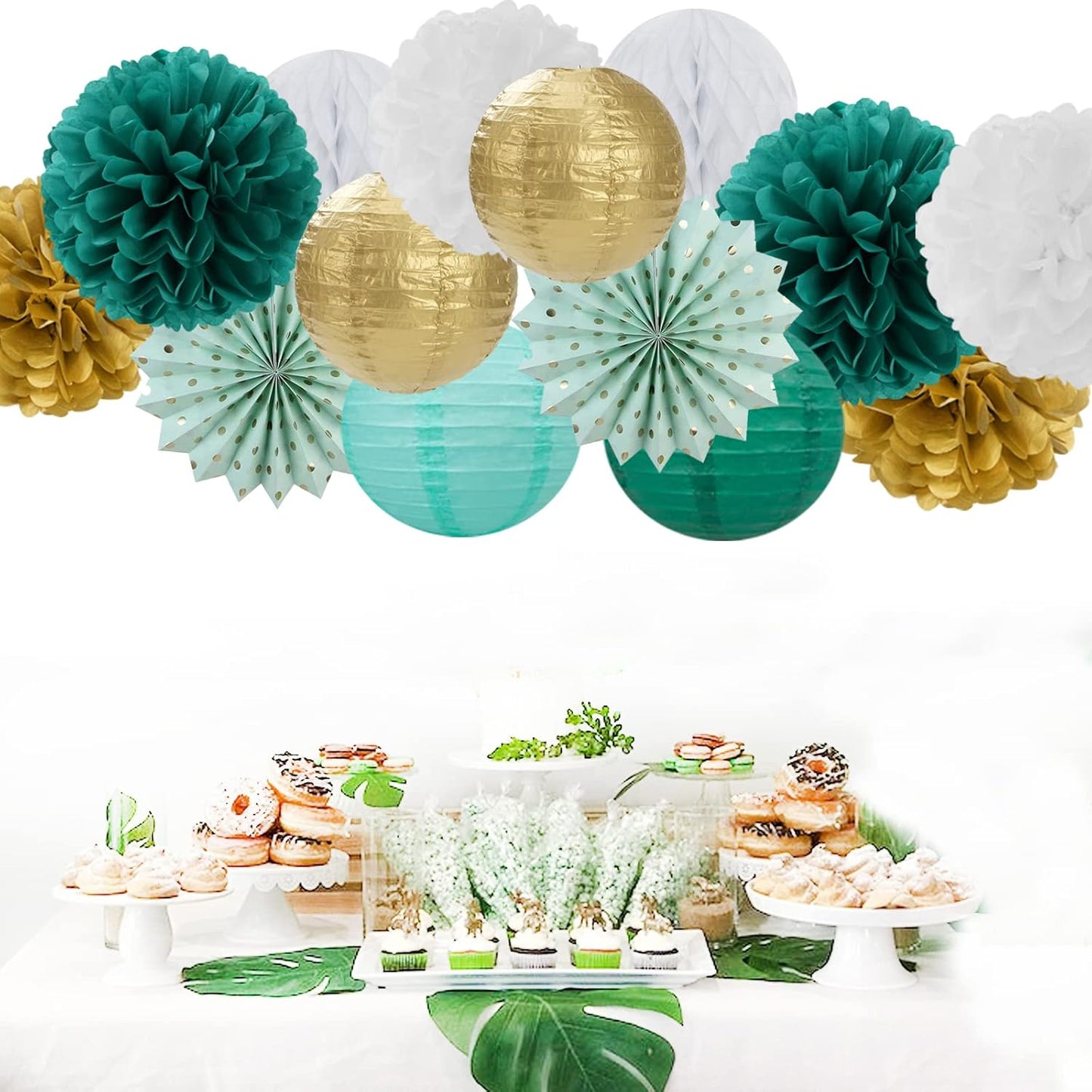 Sage-Green Teal-Gold Baby-Shower Party Decorations - 14pcs Rustic Wedding Paper Lanterns Fan,Tissue