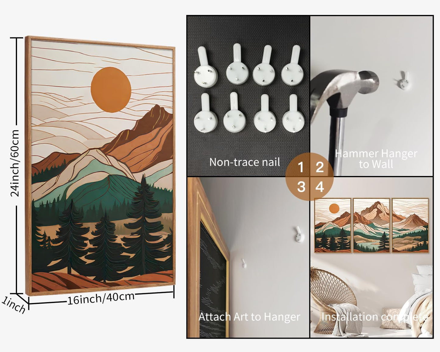 Tinonedraw Mountain Framed Canvas Wall Art Set of 3, Sunrise Forest Woodland Landscape Art Prints