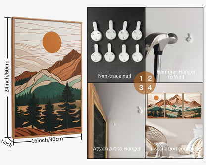 Tinonedraw Mountain Framed Canvas Wall Art Set of 3, Sunrise Forest Woodland Landscape Art Prints