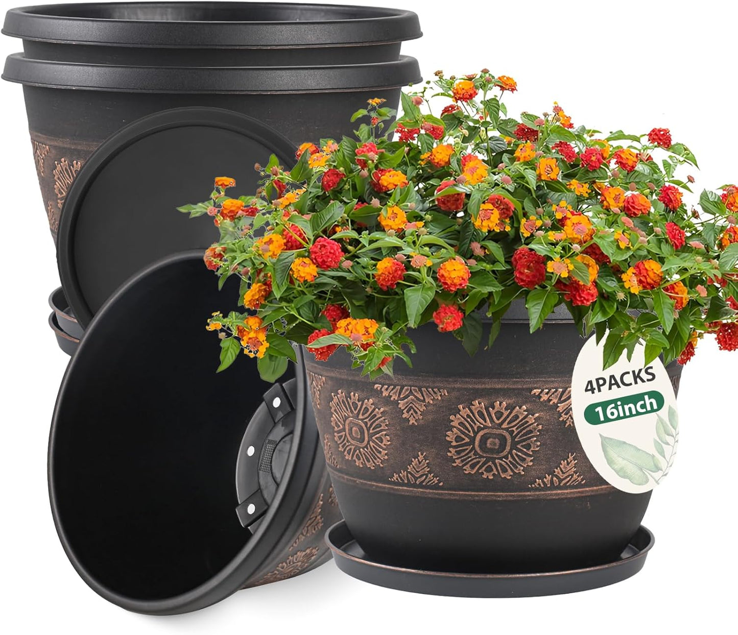 4 Pack 16 inch Plant Pots, Retro Pattern Planters with Drainage Holes and Saucer, Sturdy Plastic
