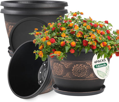 4 Pack 16 inch Plant Pots, Retro Pattern Planters with Drainage Holes and Saucer, Sturdy Plastic