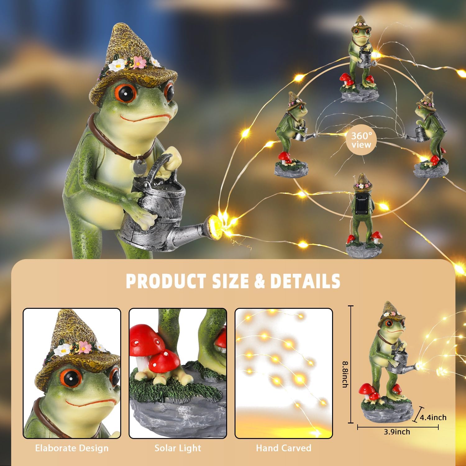Solar Frog Statue for Garden with Watering Can Light 8.8" Resin Frog Figurine Outdoor Patio Porch