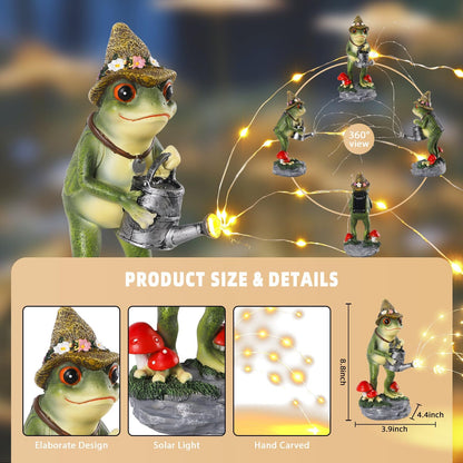 Solar Frog Statue for Garden with Watering Can Light 8.8" Resin Frog Figurine Outdoor Patio Porch