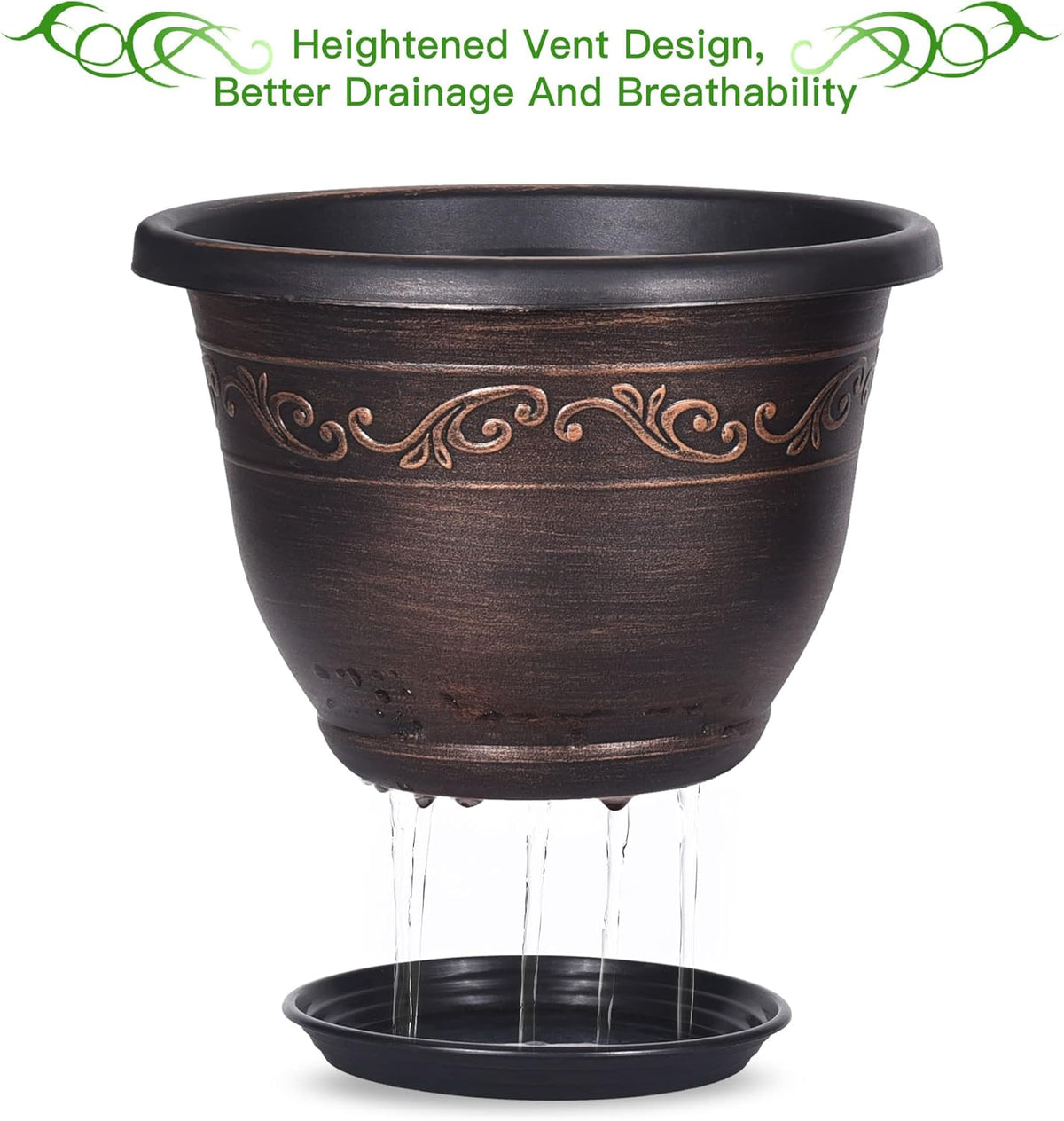 Plastic-Plant-Flower-Planters-14 Inch with Drainage Hole & Saucer, 3 Packs Lightweight Large Resin