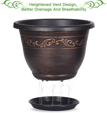 Plastic-Plant-Flower-Planters-12 Inch with Drainage Hole & Saucer, 3 Packs Lightweight Small Resin