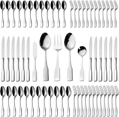 Alata Kate 65-Piece Silverware With Utensil-Serving Set, Service for 12, Stainless Steel Flatware