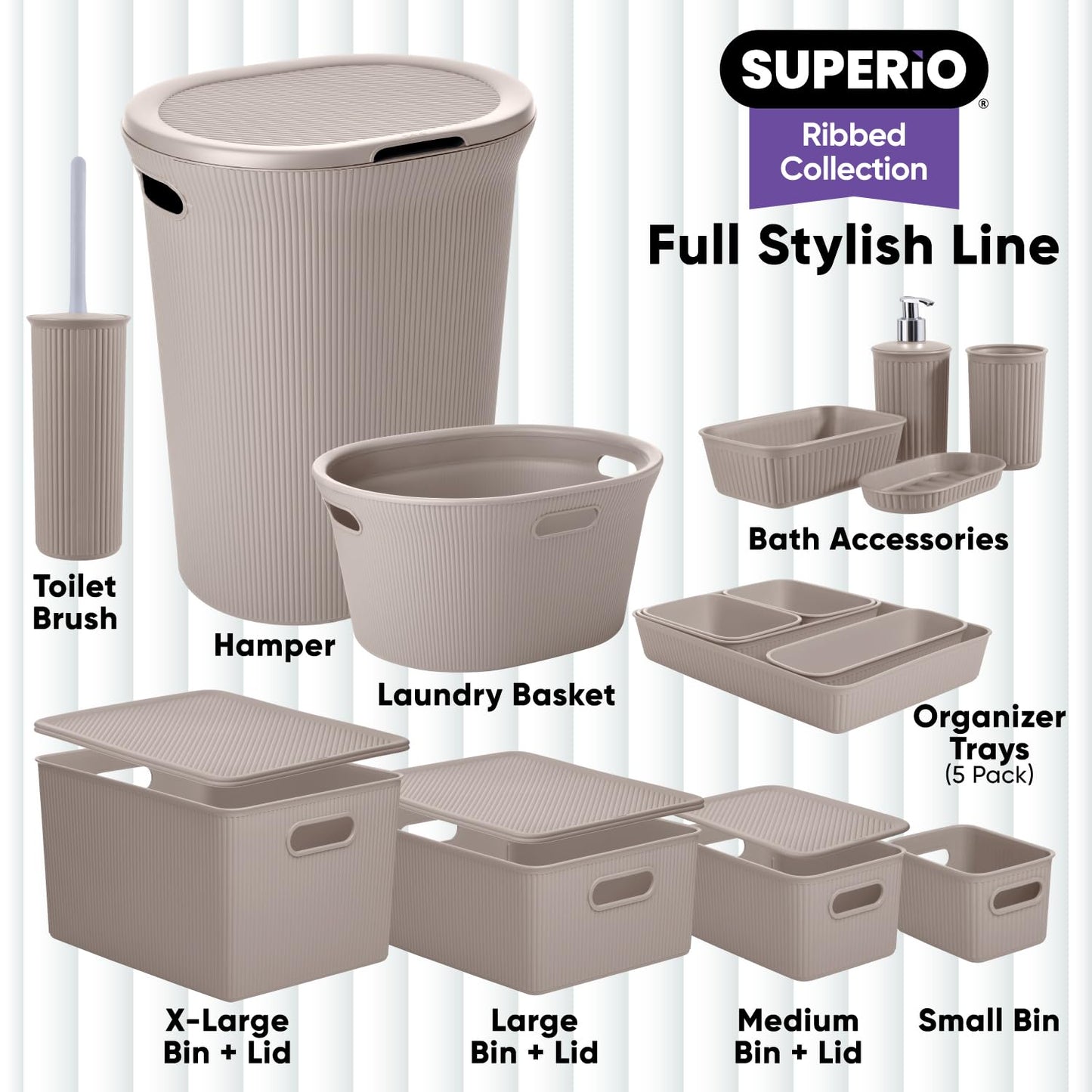 Superio Ribbed Collection - Decorative Plastic Basket Open Home Storage Bins Organizer, Medium