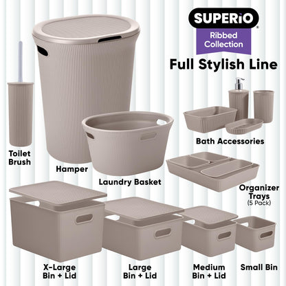 Superio Ribbed Collection - Decorative Plastic Basket Open Home Storage Bins Organizer, Medium