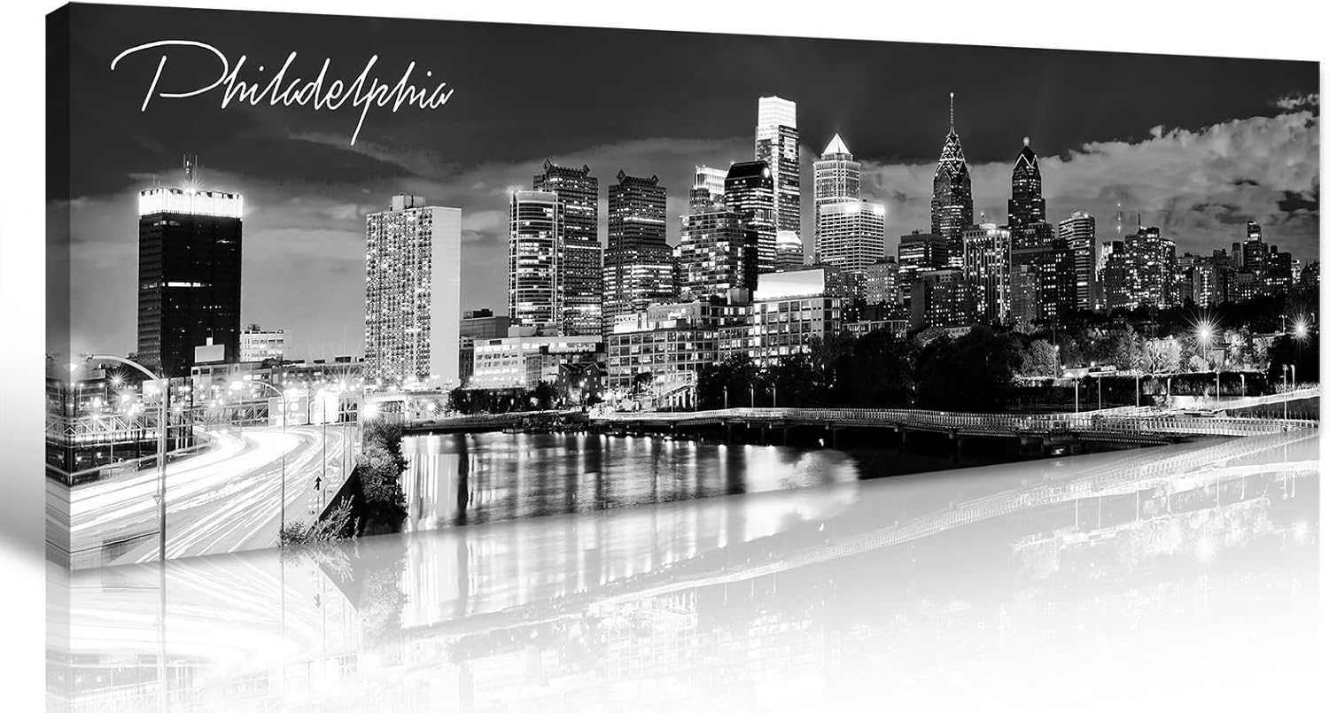 DJSYLIFE Philadelphia Skyline Canvas Art - 13.8"x47.3" Black & White Cityscape Wall Decor, Modern