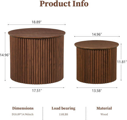 Small Fluted Round Nesting Coffee Table Set of 2, Mid Century Modern Coffee Table Circle Side