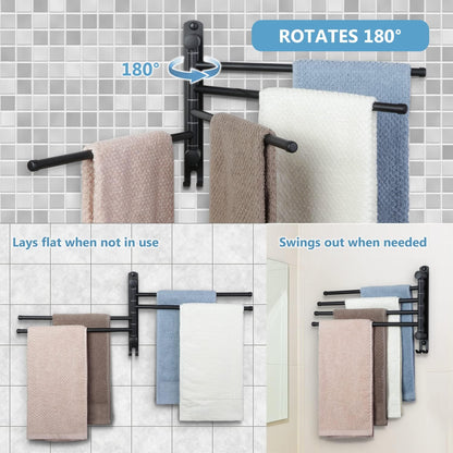 Black Towel Rack JSVER Swivel Towel Rack Wall Mounted, SUS304 Stainless Steel Towel Bar, 4 Arms