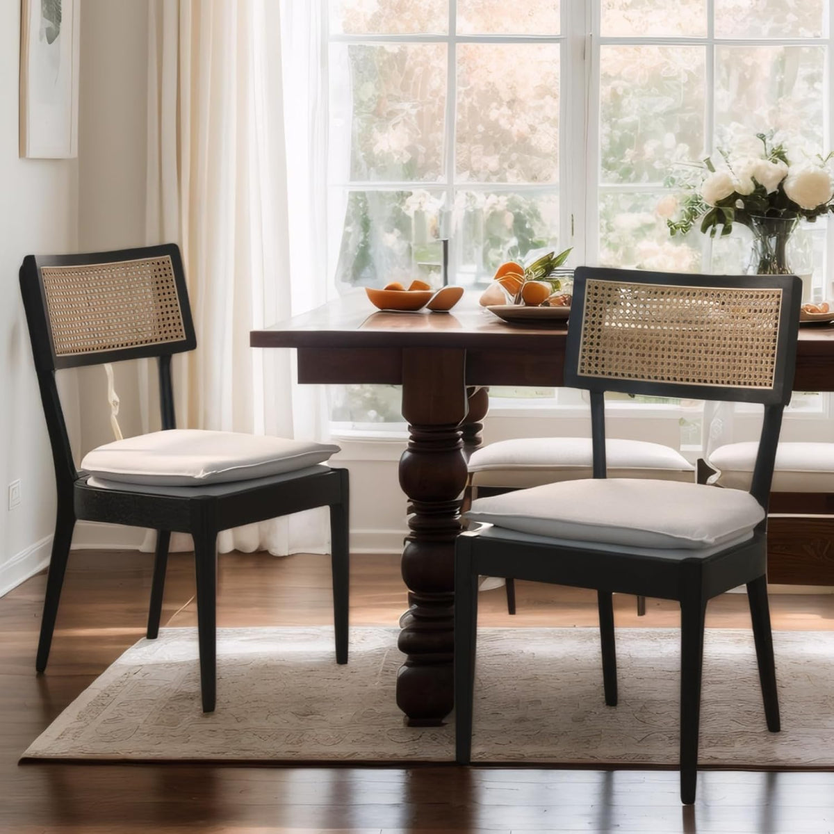Rattan Dining Chairs Set Of 2 , Mid Century Modern Black Wooden Cane Back Chairs with Removable