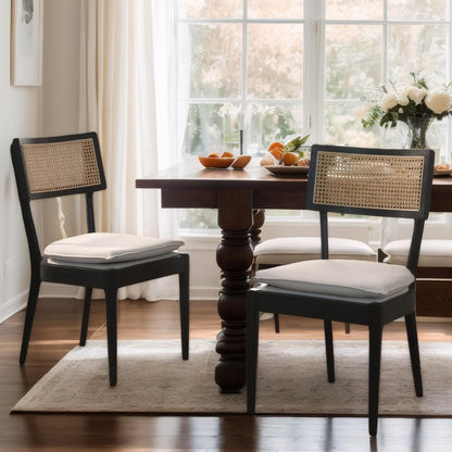 Rattan Dining Chairs Set Of 2 , Mid Century Modern Black Wooden Cane Back Chairs with Removable