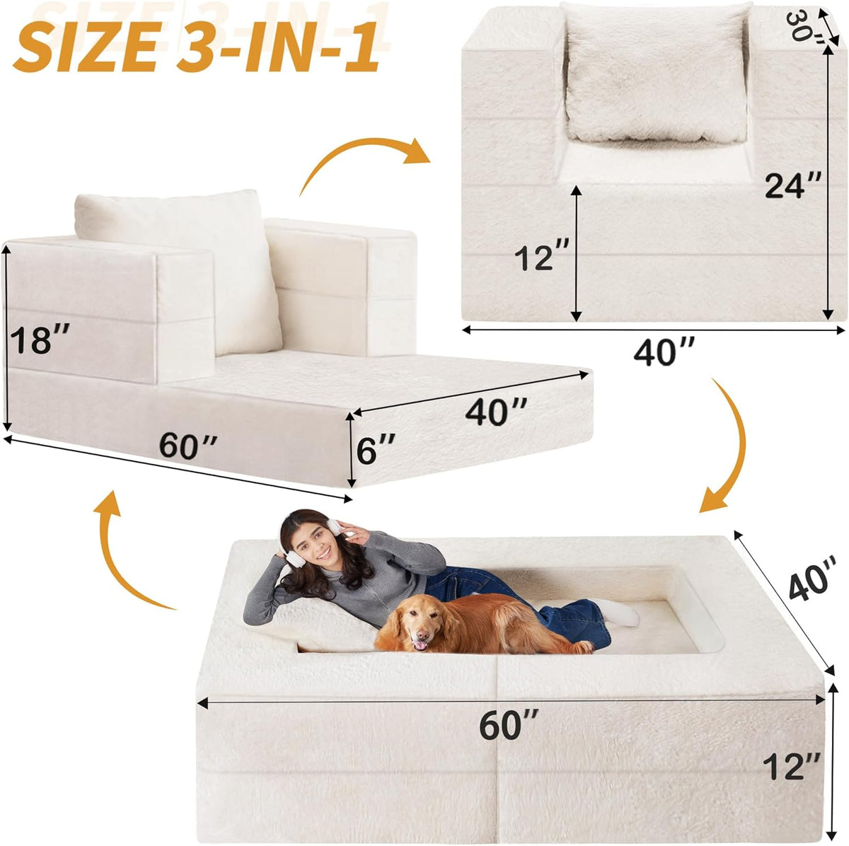 Folding Bean Bag Chair for Adults,3-in-1 Bean Bag Couch Faux Fur Floor Sofa Large Beanbag