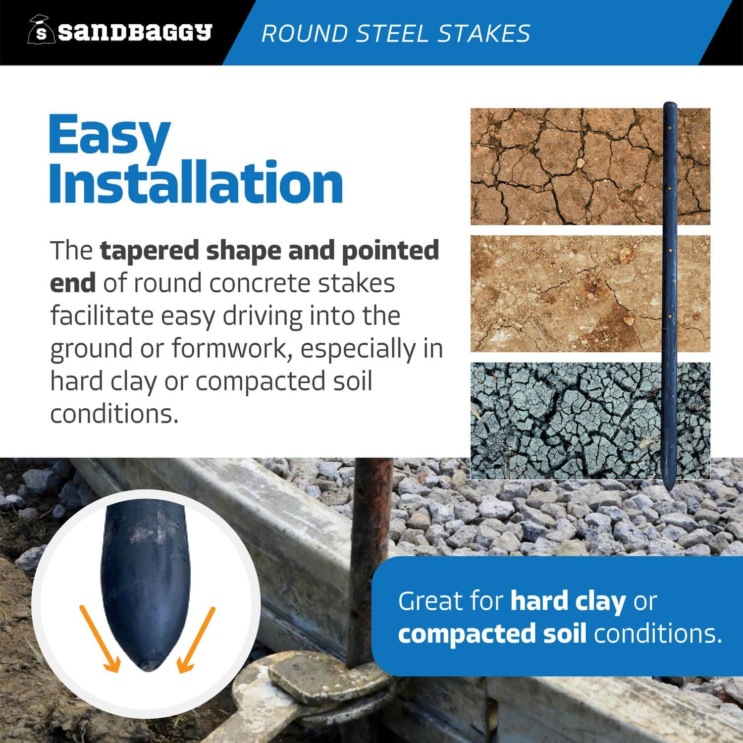 Sandbaggy Round Steel Concrete Form Stakes with Nail Holes - Rust Resistant Coating - Removable