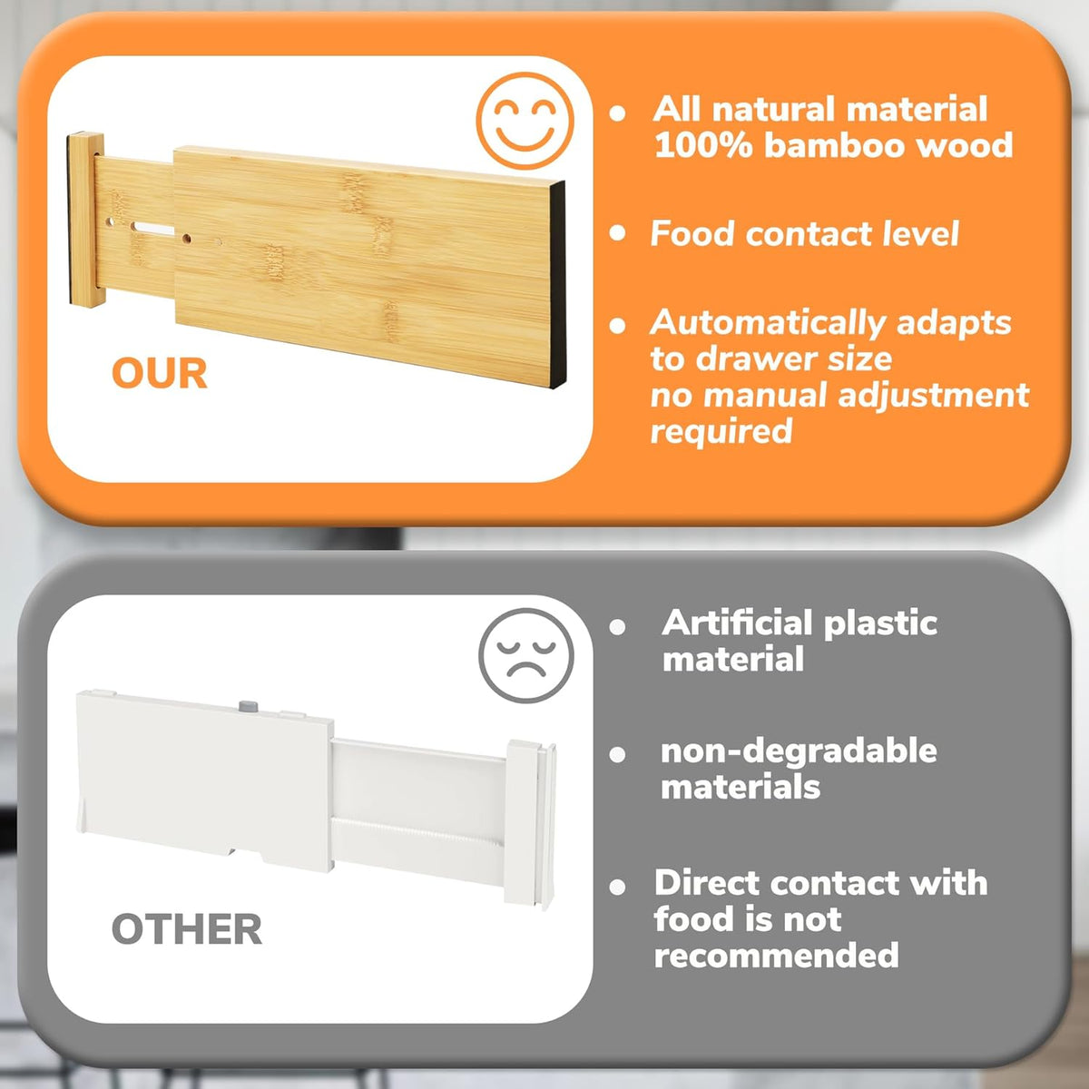 BAMEOS 4" High Bamboo Drawer Dividers - Adjustable Small Drawer Organizer - Kitchen, Dresser
