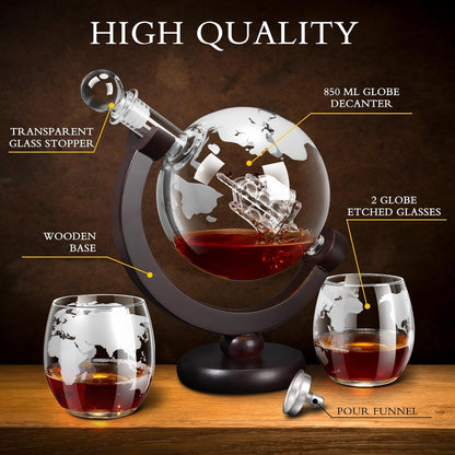 Whiskey Decanter Sets for Men, Whiskey Decanter Globe Set with 2 Etched Globe Whisky Glasses for
