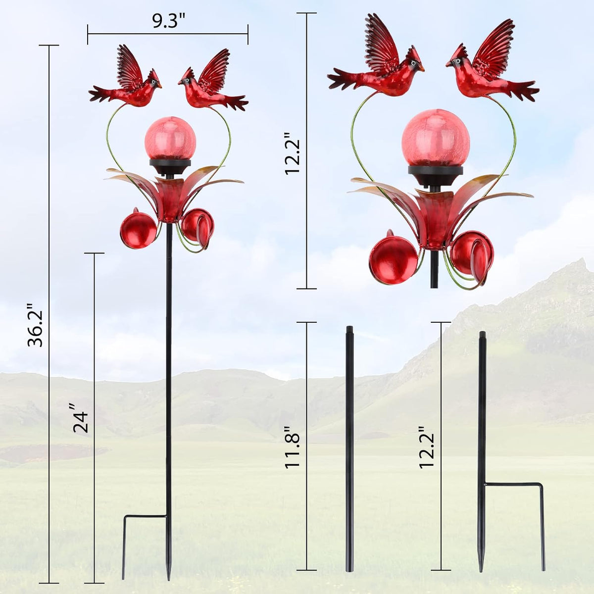 VCUTEKA Cardinal Solar Lights Outdoor Metal Garden Stake Waterproof Crackle Glass Globe Garden