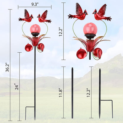 VCUTEKA Cardinal Solar Lights Outdoor Metal Garden Stake Waterproof Crackle Glass Globe Garden