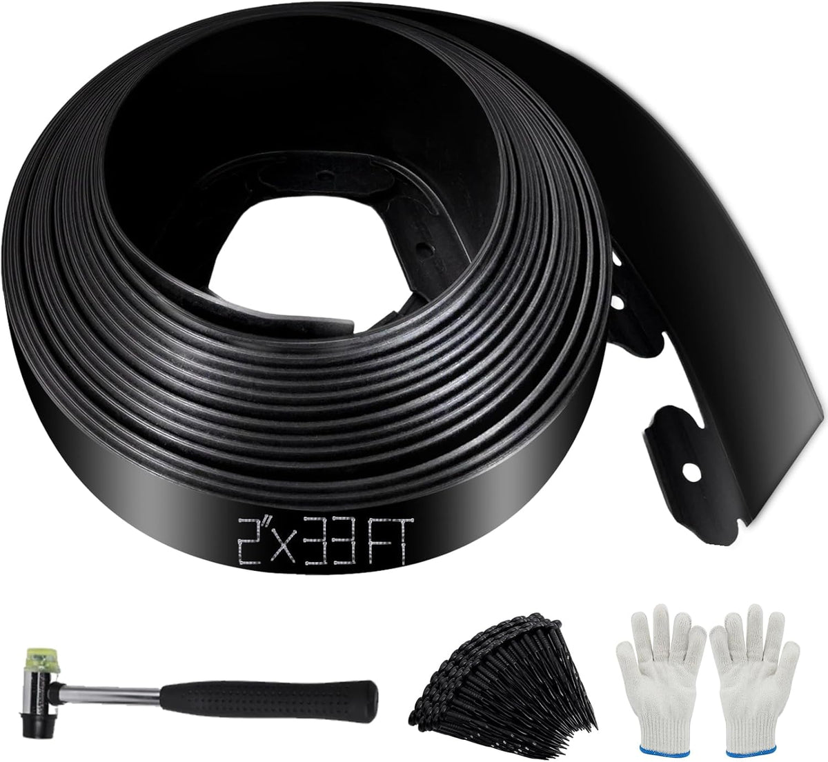 No Dig Landscape Edging 2" x 33FT Kit, Plastic Edging for Landscaping with 100 Spikes, for Garden
