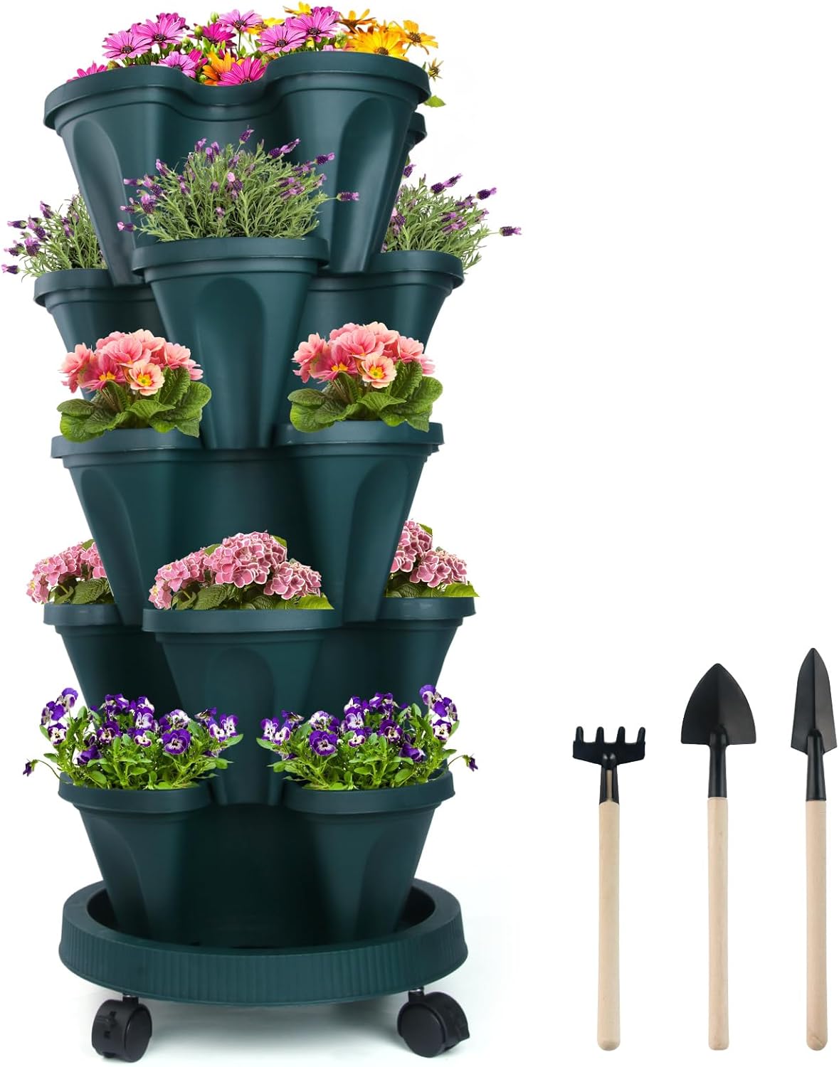 DUNCHATY Stackable Vertical Garden Planter with Wheels, 5 Tier Herb Planter Pots for Growing