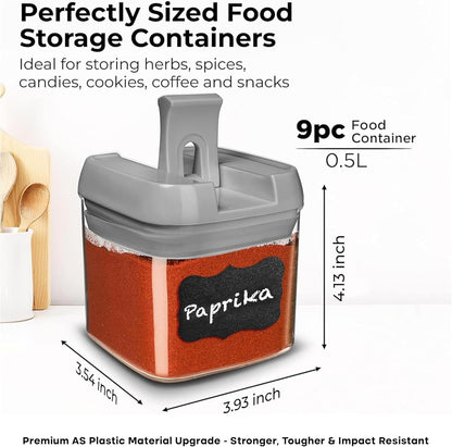 Shazo 9 PC Airtight Food Storage Containers - BPA Free Clear Plastic Snack & Spice Containers with