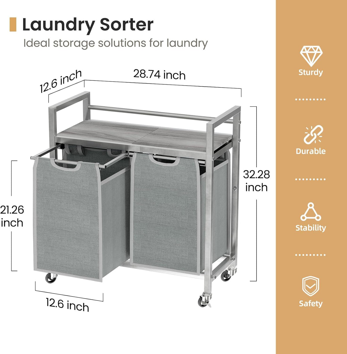 Laundry Hamper, Laundry Basket, Laundry Sorter with 3 Removable Bags, Clothes Basket with 3